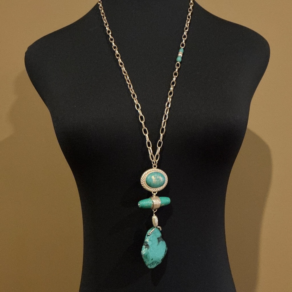 Signed CHICO’S Gold and Turquoise Pendant Necklace 20” L with 4” Extension